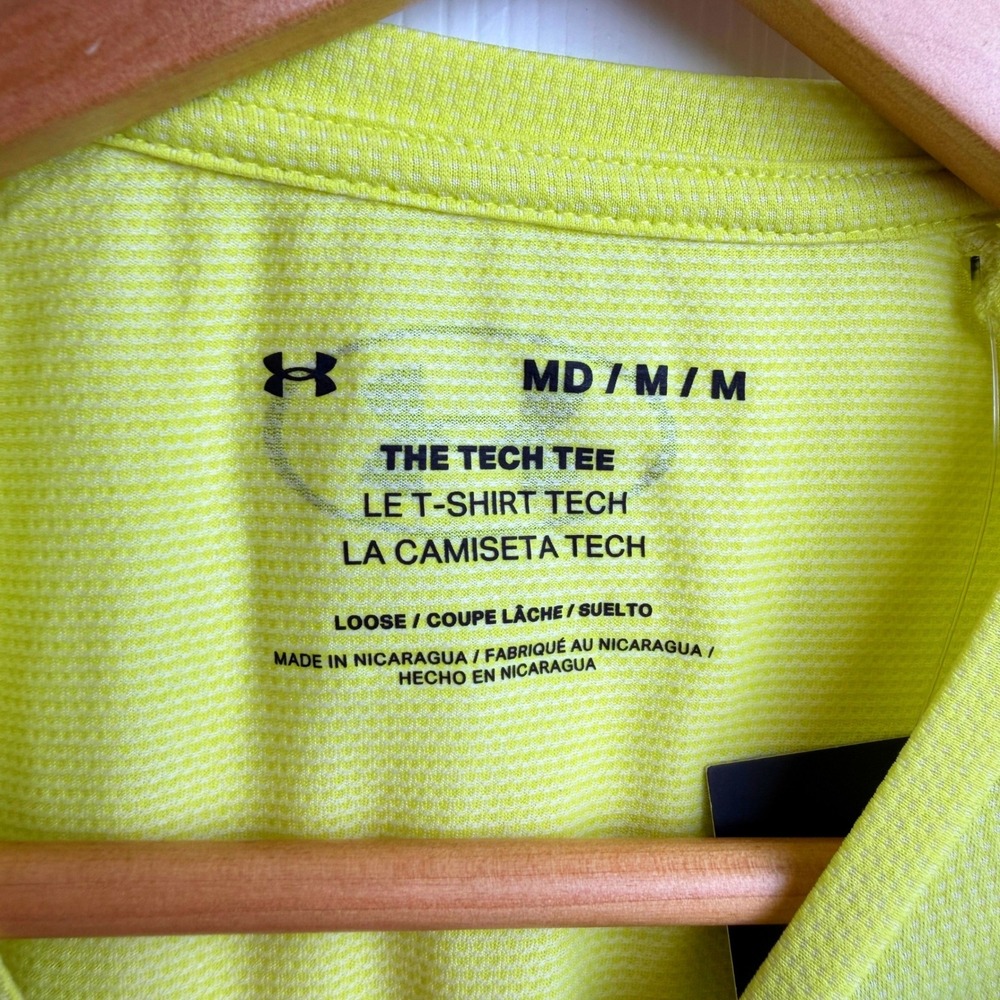 Under Armour Mens Tech Tee M Yellow Active Gym Shirt Neon Wicking Running Sporty - Picture 7 of 7